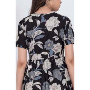 Vestido Mini Tipo Babydoll de Algodón con Estampado Floral Negro para Mujer, Talla XS, Cintura Elástica, Transpirable, Estilo Casual, Superventas - Product Image 3