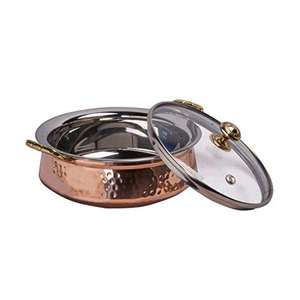 Expédition de commandes en gros : Plat de cuisson et de service en acier et cuivre de 400 ml, élégant, avec couvercle en verre et poignée en laiton, pour plats de soupe et autres aliments - Product Image 1