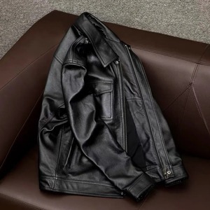 Wholesale Coated 100% Genuine <b>Cow</b> Skin Vintage Hooded Jacket Classic Casual Black Men's Stand Collar Front Logo Plus Size - Product Image 3