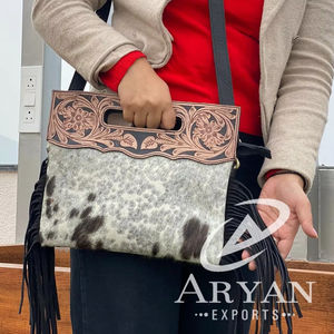 Bolso de Mano de Piel de Vaca con Flecos, Bandolera de Cuero con Asa Superior, Colorido, Ideal para Mujer - Product Image 1