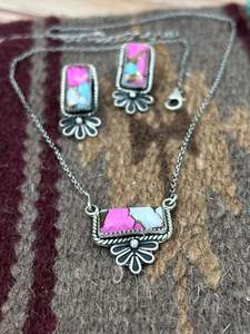 Handmade Sterling Silver Cotton <b>Candy</b> Turquoise <b>Necklace</b> and Earrings Set Rhodium and Gold Plated Gift for Her - Product Image 2