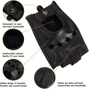Guantes de moto acolchados de medio dedo para hombre, de cuero, Color negro, para jóvenes - Product Image 6