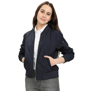 Nouvelle veste bomber bleu marine pour femme, manches longues, fermeture éclair, col montant, couleur unie, polyester tissé, vêtement d'automne - Product Image 1