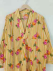 Robe longue décontractée en coton à manches longues et col en V, imprimé fruits à rayures jaunes, légère, respirante, élégante pour l'été - Product Image 2