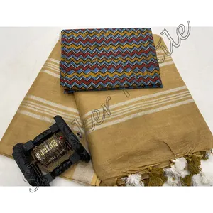 Sari de lino puro con blusa para mujer y de algodón estampada Niña, Sari hermoso de lino de algodón con estampado tradicional para uso diario