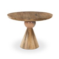 Table à manger moderne neuve de style italien, plateau ovale en bois de manguier massif avec finition fumée miel, piédestal avec marbre