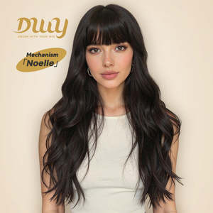 Noelle-DWY 26 Inches Free Part Synthetic <b>Wig</b> for Women Machine Made Long Layer Wave Tea Black Glueless Transparent Lace Bangs - Product Image 1