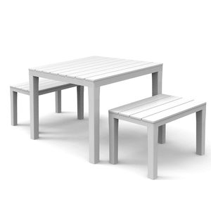 Bianco esterno e interno Set da pranzo resistente polipropilene 2 panche e 1 tavolo quadrato-per uso giardino - Product Image 1