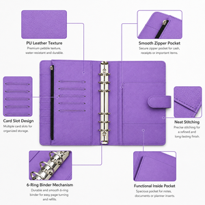 Nieuwe leren losbladige spiraal 6-ringband A6 portemonnee planner notitieboek hoes licht leigrijs Lichi Pebble portemonneetas - Product Image 2