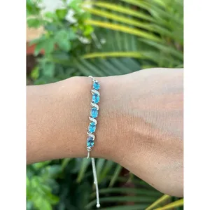 925 <b>Silver</b> Beaded Charm <b>Bracelet</b> with Blue Topaz Trendy Zircon Bangles for Wedding Anniversary Engagement or Gift - Product Image 1