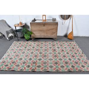 Alfombra turca Vintage de 4 pies, 6 pulgadas x 7 pies, 9 pulgadas, lana verde blanca, tejido plano, patrón de retazos, alfombra de sala de estar, látex para decoraciones - Product Image 1