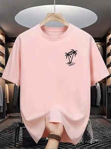Camiseta de Manga Corta Verde Oliva para Hombre, Estampado de Palmeras, Cuello Redondo, Corte Holgado, Tela de Lona, Impresión Digital, Secado Rápido - Product Image 3
