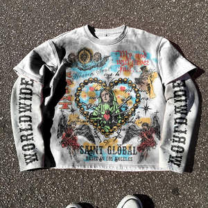 T-Shirts Sun Faded Distressed Vintage Washed Front Custom Blank Heat-Transfer Printed Streetwear Boxy Fit Double Layer Sleeve - Product Image 2