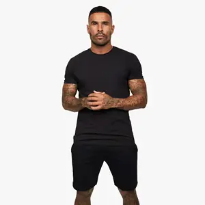 Day Model 100% Combed Cotton Slim Fit Quick Dry Fleece T-Shirts and Shorts Set Black Crew Neck Twinset with Short Sleeves