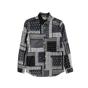 SOPHNET. Chemise décontractée 100% coton, col mandarin, coupe ajustée, manches courtes, tissu popeline de lin, style bandana à carreaux, noir, homme - Product Image 1