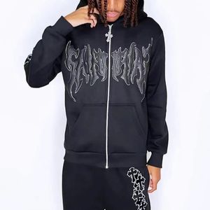 Trending Winter Unisex Custom Digital Embroidered Plaid Oversized Flared <b>Hoodies</b> 100% Cotton Fleece <b>Zip</b> <b>Pocket</b> Washed Techniques - Product Image 2