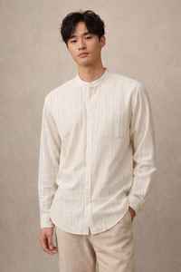 เสื้อเชิ้ตผู้ชายแบบเป็นทางการ ผ้าฝ้าย 100% ลายทาง ระบายอากาศได้ดี ป้องกันการเป็นขุย ย้อมเส้นด้าย - Product Image 4