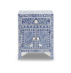 Table de chevet de style marocain, table de chevet avec tiroir, fabrication artisanale, incrustation d'os et de résine, motif sirène bleue, table bohème au meilleur prix - Product Image 1