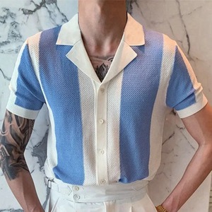 Camisas de punto informales de verano para hombre 2025, Polo de negocios de manga corta de punto a rayas de retales británicas para hombre - Product Image 6