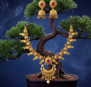 Traditional Antique <b>Necklace</b> Set crafted with rich high <b>gold</b> polish offering an elegant bridal style ideal for weddings - Product Image 3