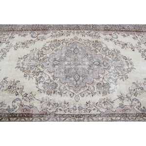 Vintage Turkish Large Rug 6x9.7 ft, <b>Brown</b> Gray Bordered <b>Wool</b> Rug - Product Image 5