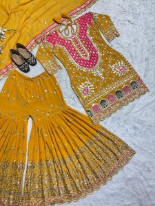 Colección de trajes Sharara de Color amarillo de último diseñador, tela Georgette de imitación pesada con trabajo de secuencia de bordado de 5 MM para mujer - Product Image 2