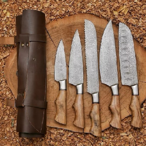 Juego de chef de acero de Damasco hecho a mano, estuche de cuero fino de 5 piezas, mango de madera, cuchillos para verduras personalizados con mango de madera de Olivo - Product Image 3