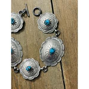 Bobby Francis Kingman Floral Shape Turquoise & Sterling <b>Silver</b> Concho Link <b>Bracelet</b> - Product Image 2