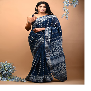 Sarees 100% en lin imprimées bloquées à la main sur mesure pour femmes de tous âges dans des couleurs pastel et vives - Product Image 1
