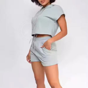 Ensemble de shorts de sport surdimensionnés 2 pièces 100% coton pour femmes vente en gros personnalisé de haute qualité coupe ample avec décoration à glissière - Product Image 3