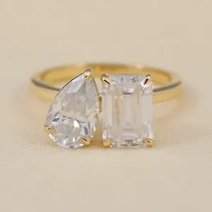 Anillo de Compromiso Toi Et Moi, Corte Esmeralda en Forma de Pera, Diamante de Laboratorio, Joyería Fina, Forma Marquesa, Claridad VVS1, Rodio Platino - Product Image 2