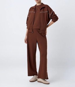 Ensemble de jogging 2 pièces en coton 100% avec logo personnalisé, très vendu, pour femmes, avec piping contrasté, survêtement de sport, fermeture éclair, sweat-shirts pour femmes - Product Image 4