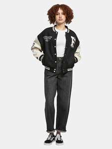 Latest Schwarz Beige Women's FUBU College Varsity <b>Jacket</b> Ribbed Standup Collar Long <b>Sleeves</b> Baseball Letterman <b>Jacket</b> For Women - Product Image 2