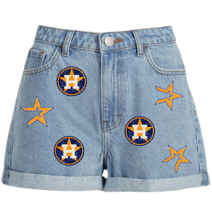 Pantalones cortos de mezclilla de alta calidad para mujer con bordado de lentejuelas Logotipo personalizado Ropa informal para equipos de escuela secundaria del día del juego - Product Image 5