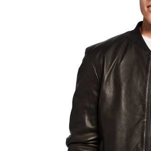 Veste bomber universitaire en cuir de vachette en gros, fermeture éclair, veste d'hiver noire de style streetwear avec logo en relief - Product Image 3