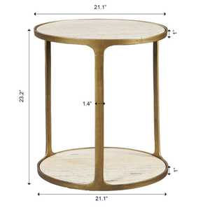 Table d'appoint ronde avec cadre en métal et dessus en marbre travertin Table d'appoint moderne de luxe avec deux étagères pour le salon ou la chambre à coucher - Product Image 3