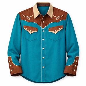 Camisa Vaquera Occidental Unisex Vintage Casual de Corte Ajustado con Estampado Floral y Ribete en Contraste, Personalizada OEM, Manga Larga, Bordada, Estilo Rodeo - Product Image 1