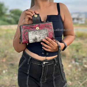 New Western Stylish Cowhide Tooled Fur Leather Wristlets Clutches Women Designed Purse Hot Selling Tooled Leather <b>Unique</b> Wallets - Product Image 5