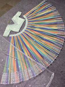 Présentant Faux Georgette Séquence Brodé Codage Travail Zari Travail Lehenga Et Malay Soie Blouse Avec Papillon Net Dupatta - Product Image 3