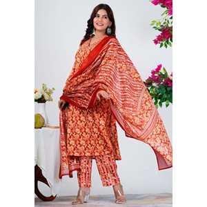 Vibrant Red Floral Printed Women's Kurta Set con Dupatta - Product Image 5