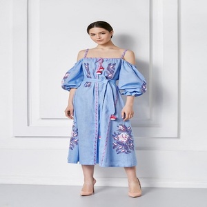 เดรสอูเรนเชียนแขนพองปักลายดอกไม้งานดีไซน์เนอร์คอกลมแฟชั่นปักลายดอกไม้ - Product Image 1