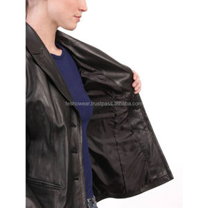 Ladies Premium Soft Sheepskin Leather <b>Blazer</b> <b>Button</b>-Front Winter Outerwear Elegant leather <b>blazer</b> - Product Image 1