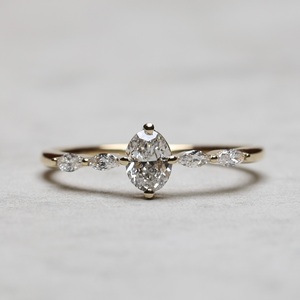 6x4mm Oval Cut Moissanite Engagement <b>Ring</b> with Marquise and Round Side Stones | <b>Dainty</b> Wedding Jewelry - Product Image 1