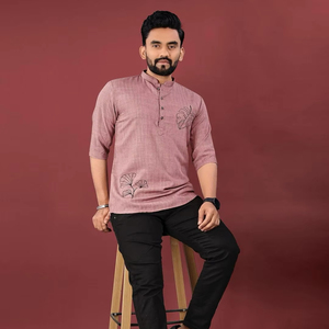 Kurta court imprimé fleurs en coton avec col chinois pour homme Collection mariage adulte - Product Image 1