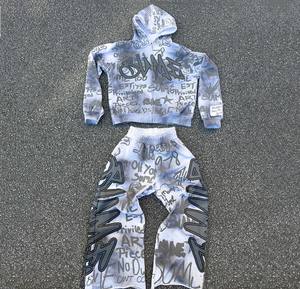 Venta al por mayor 3M reflectante pantalla impresa letra Logo gráfico Vintage Streetwear lavado sucio francés Terry Graffiti holgado chándal - Product Image 1