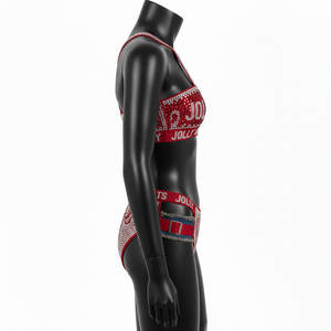 Conjunto de Bikini para Mujer, 230 GSM, Poliéster y Spandex, Tirantes Cruzados Rojos, Panel con Pedrería Hotfix, Logotipo Personalizado - Product Image 4