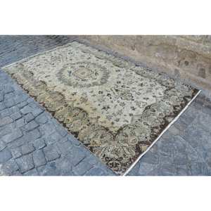 Vintage Turkish Wool Rug Classic Beige Green 5.2 X 8.7ft Large Area Latex Backing for Hallway Bedroom Bedside Patchwork Design - Product Image 1