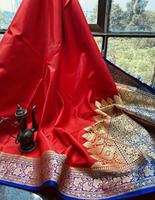 Sari de Seda Satinada Banarasi Brillante Tejido a Mano, Diseño de Borde en Contraste de Dos Tonos, Tejido Tradicional de Lujo de Secado Rápido