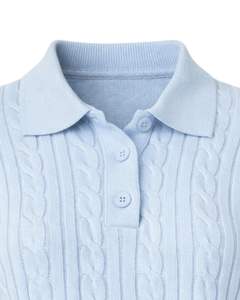 Customized Womens Light Blue Cropped <b>Cable</b> <b>Knit</b> Polo <b>Sweater</b> Long Sleeve Ribbed Hem Button Placket Casual Winter Pullover Top - Product Image 5