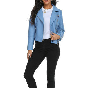 Chaqueta de Cuero Azul Claro de Manga Larga para Mujer, Top Corto de Moda Popular, Talla XL, Decoración de Bolsillos, Estilo Motociclista - Product Image 6